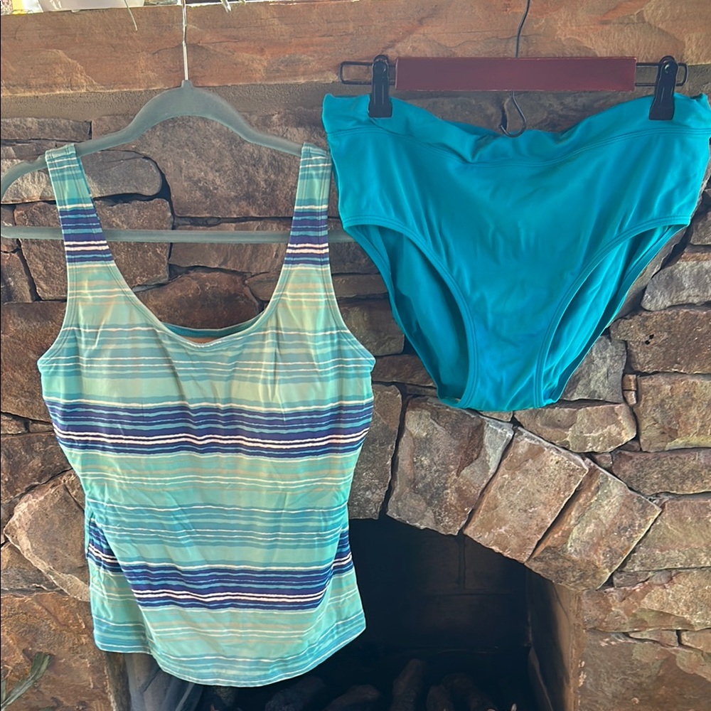 L.L. Bean Blue Striped Tankini (Size 10) and Matching Turquoise Bottoms (Size12)